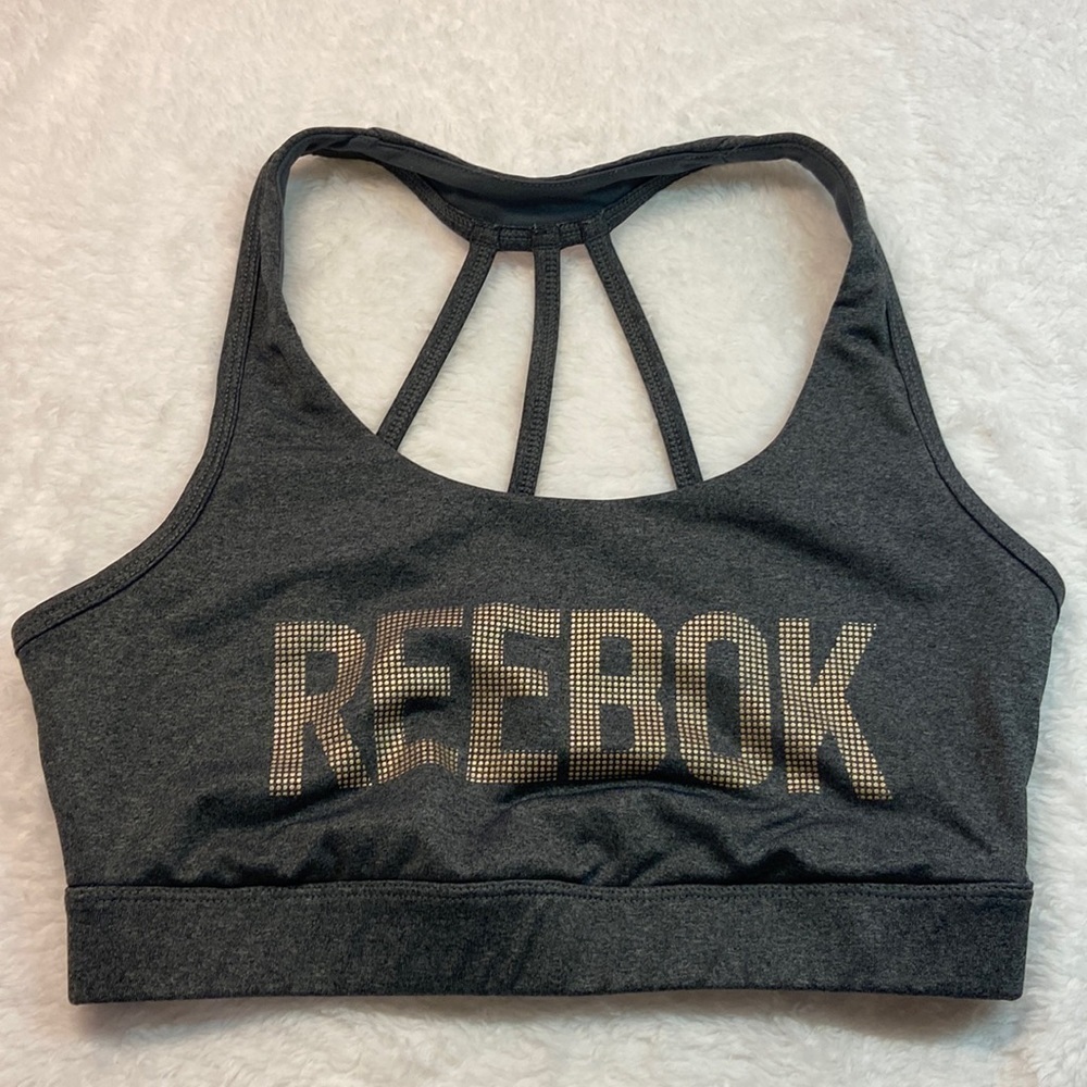Reebok Sports Bra Small Grey Quick Dry Back Graphic “Reebok”